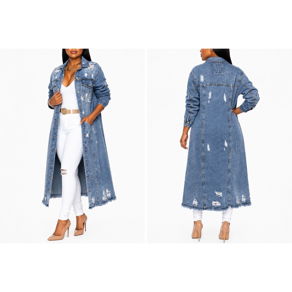 Denim Jeans Maxi Dress Jacket Coat Sz 1x Plus Distressed Grunge City